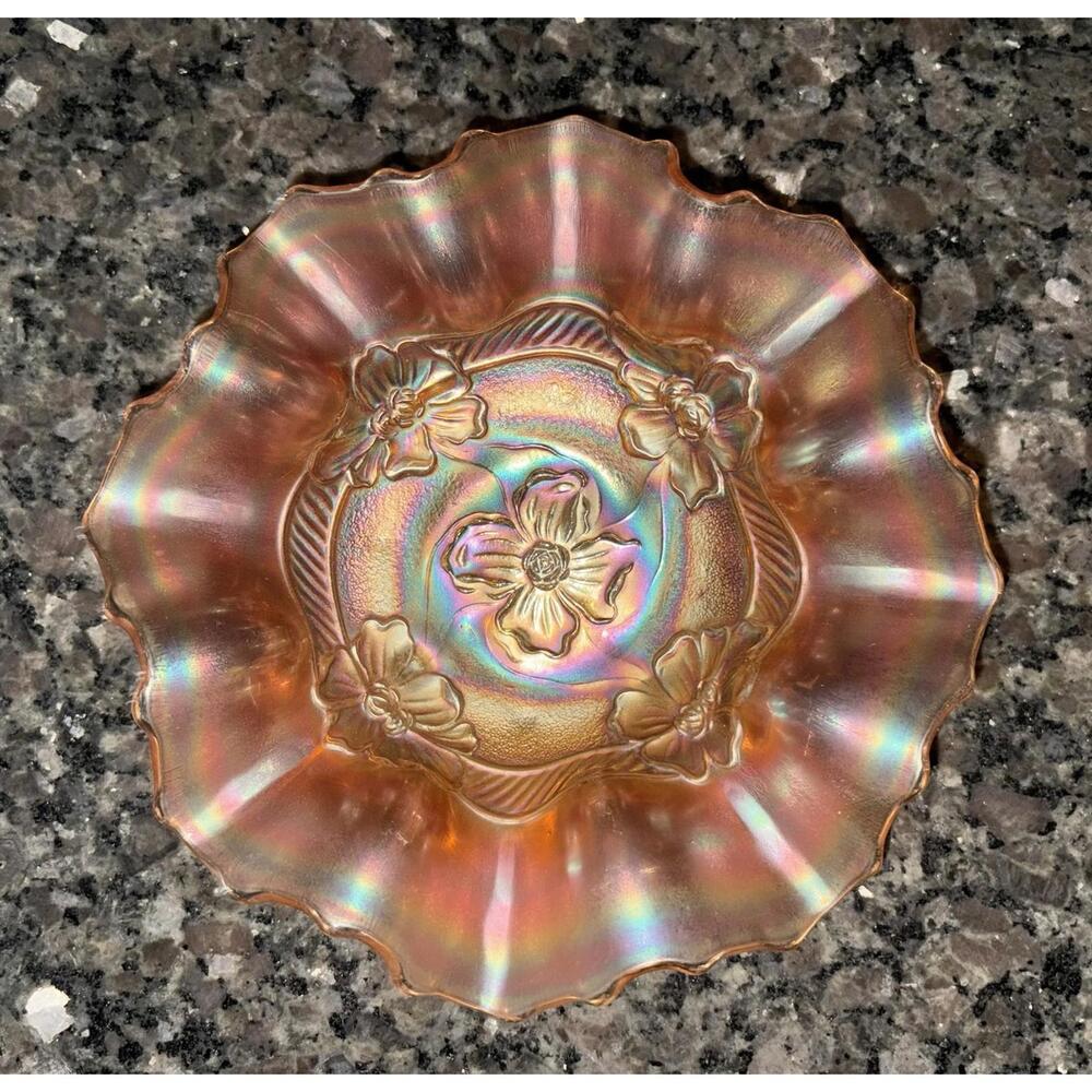 Vintage Carnival Dugan Glass "Apple Blossom" 7" Ruffled Bowl Iridescent